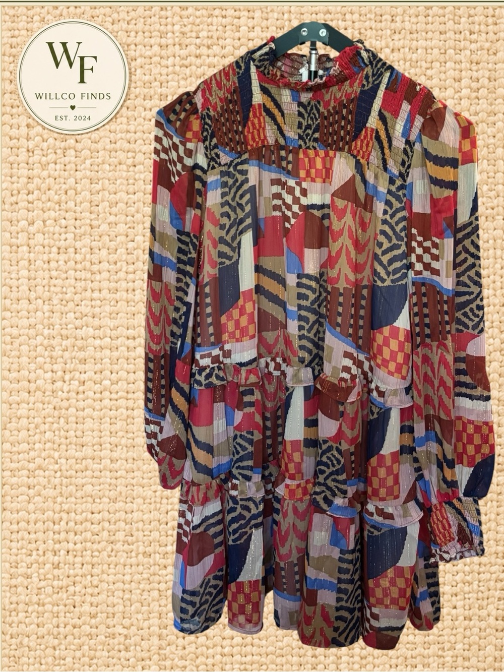 Fate Small Multicolor Abstract Metallic Smocked Tiered Boho Mini Dress